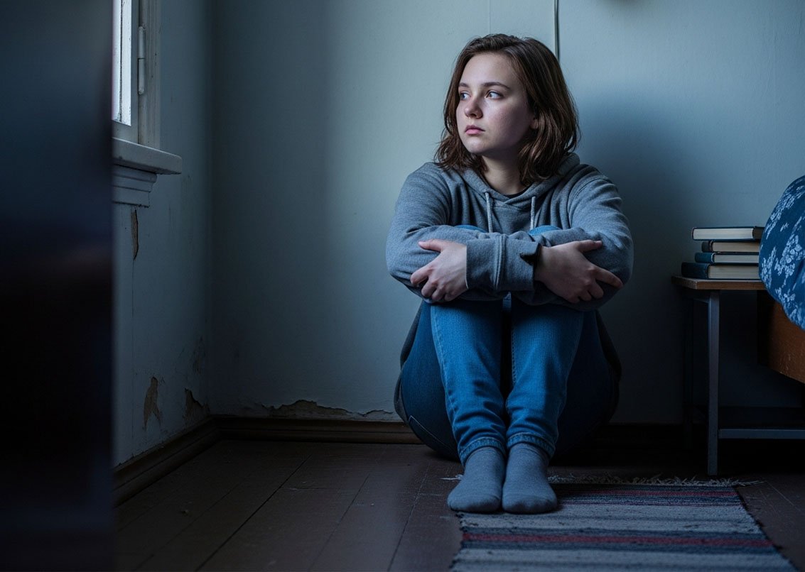 Девочка подросток в углу комнаты